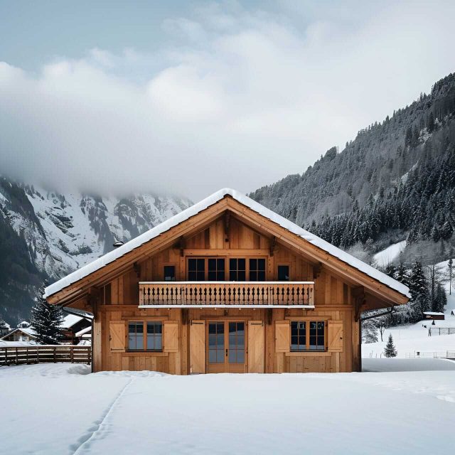 Lesena alpska hiša povsem izdelana iz lesa